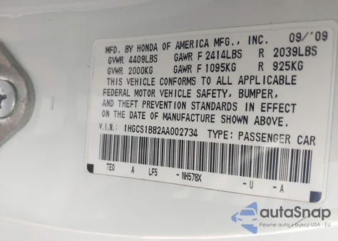 2010 Honda Accord 2.4 Ex-L z USA, uszkodzony, nr VIN 1HGCS1B82AA002734